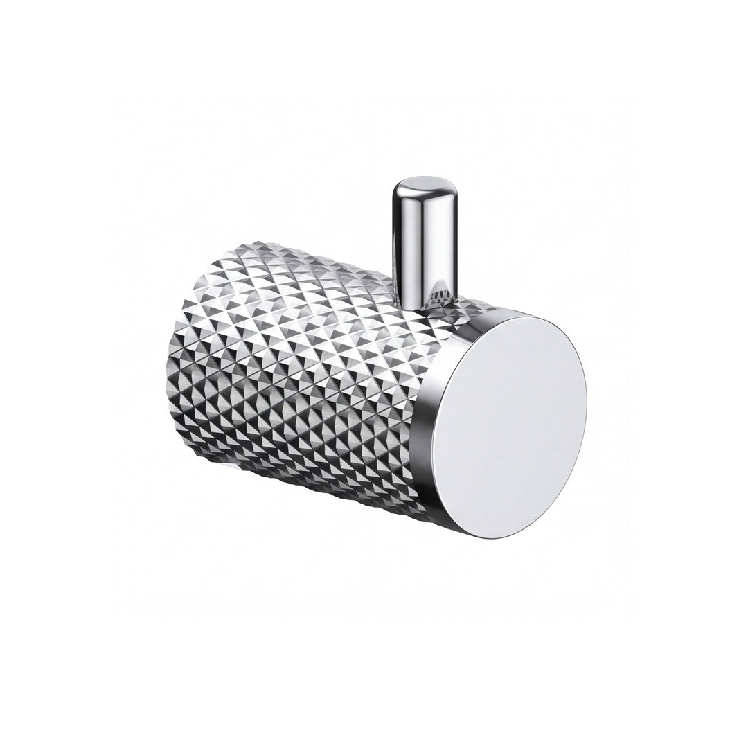 A polished chrome wall-mounted cylindrical robe hook with a textured, diamond-patterned side and a smooth circular front plate, shown on a plain white background.