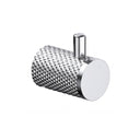 A polished chrome wall-mounted cylindrical robe hook with a textured, diamond-patterned side and a smooth circular front plate, shown on a plain white background.