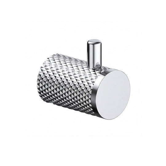 A polished chrome wall-mounted cylindrical robe hook with a textured, diamond-patterned side and a smooth circular front plate, shown on a plain white background.