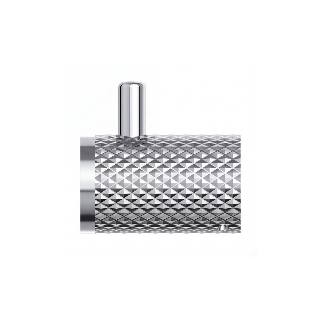 A polished chrome wall-mounted cylindrical robe hook with a textured, diamond-patterned side and a smooth circular front plate, shown on a plain white background.