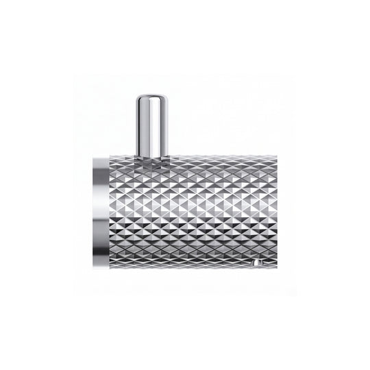A polished chrome wall-mounted cylindrical robe hook with a textured, diamond-patterned side and a smooth circular front plate, shown on a plain white background.