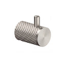 A brushed nickel wall-mounted cylindrical robe hook with a textured, diamond-patterned side and a smooth circular front plate, shown on a plain white background.