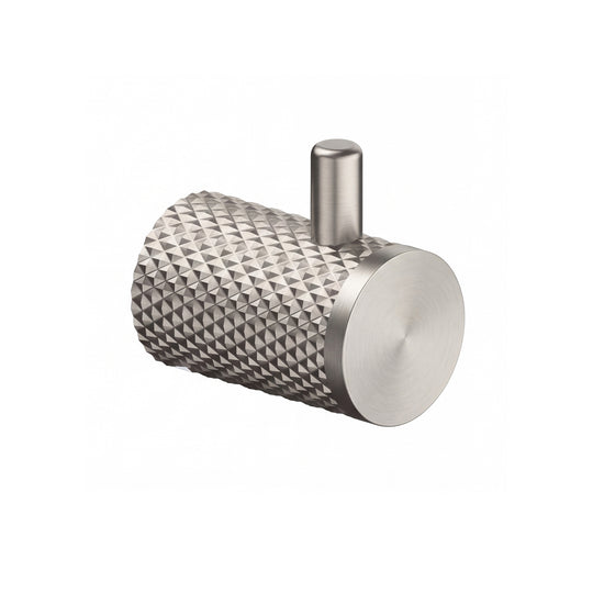 A brushed nickel wall-mounted cylindrical robe hook with a textured, diamond-patterned side and a smooth circular front plate, shown on a plain white background.