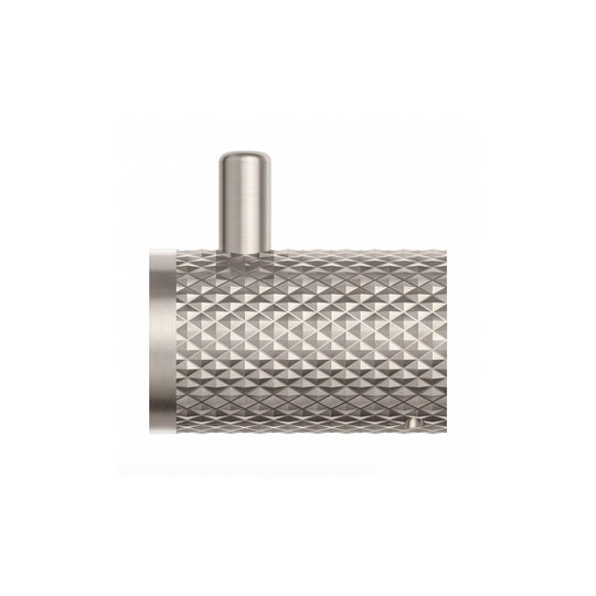 A brushed nickel wall-mounted cylindrical robe hook with a textured, diamond-patterned side and a smooth circular front plate, shown on a plain white background.