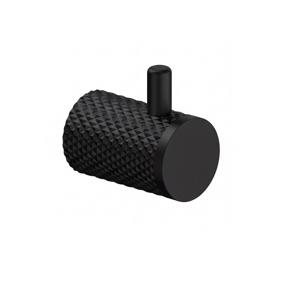 A matte black wall-mounted cylindrical robe hook with a textured, diamond-patterned side and a smooth circular front plate, shown on a plain white background.