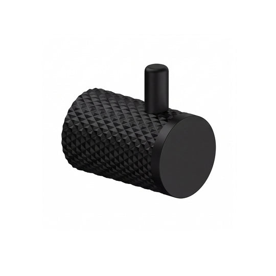 A matte black wall-mounted cylindrical robe hook with a textured, diamond-patterned side and a smooth circular front plate, shown on a plain white background.
