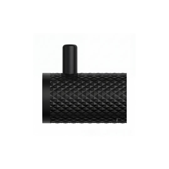 A matte black wall-mounted cylindrical robe hook with a textured, diamond-patterned side and a smooth circular front plate, shown on a plain white background.
