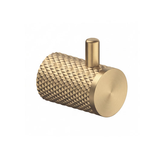 A brushed gold wall-mounted cylindrical robe hook with a textured, diamond-patterned side and a smooth circular front plate, shown on a plain white background.