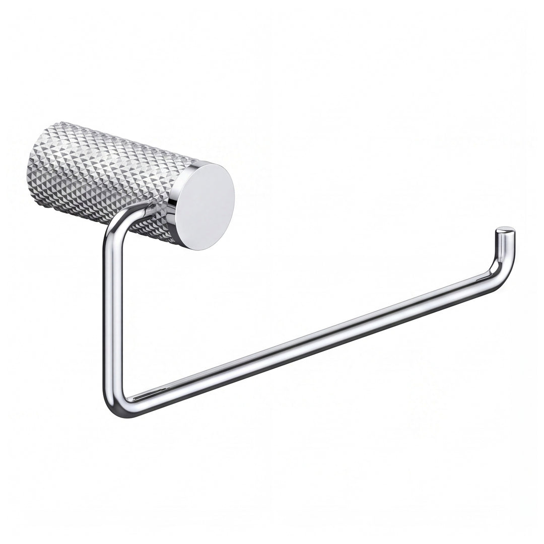 A polished chrome towel holder ring with a textured cylindrical roll holder and a long horizontal arm, shown against a plain white background.