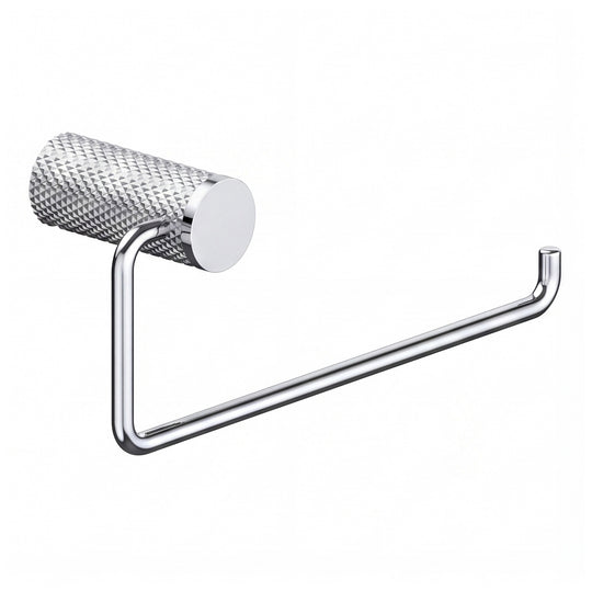 A polished chrome towel holder ring with a textured cylindrical roll holder and a long horizontal arm, shown against a plain white background.