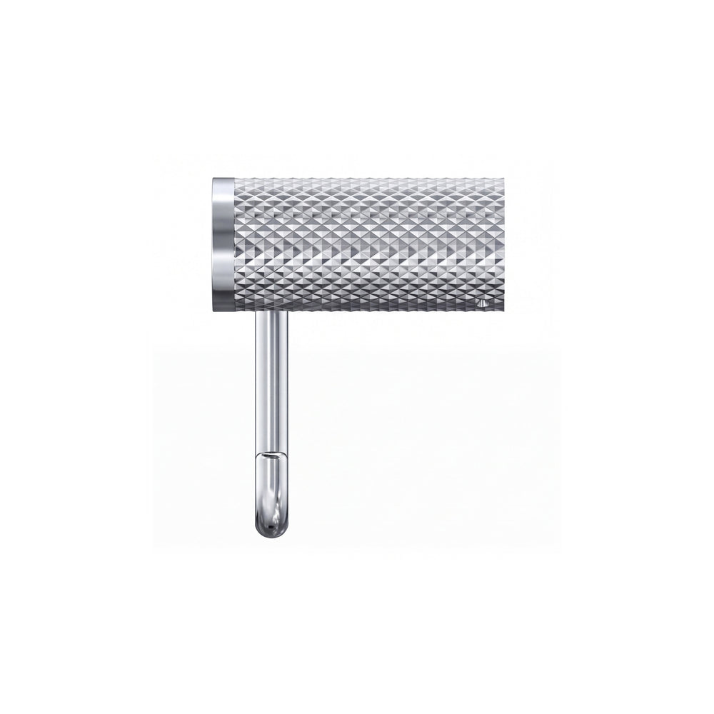 A modern wall mounted polished chrome towel holder ring with a textured cylindrical roll holder and a long horizontal arm, shown in a side view profile against a plain white background.