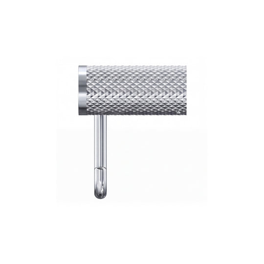 A modern wall mounted polished chrome towel holder ring with a textured cylindrical roll holder and a long horizontal arm, shown in a side view profile against a plain white background.