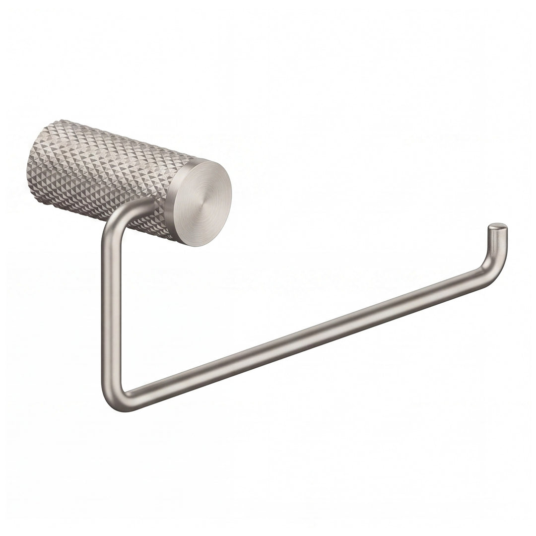A modern wall-mounted brushed nickel towel holder ring with a textured cylindrical roll holder and a long horizontal arm, shown against a plain white background.