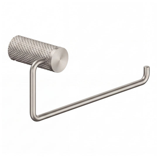A modern wall-mounted brushed nickel towel holder ring with a textured cylindrical roll holder and a long horizontal arm, shown against a plain white background.