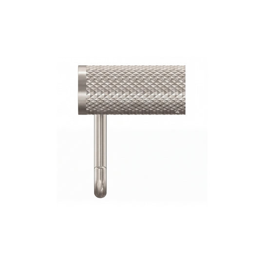 A modern wall-mounted brushed nickel towel holder ring with a textured cylindrical roll holder and a long horizontal arm, shown in a side veiw profile against a plain white background.
