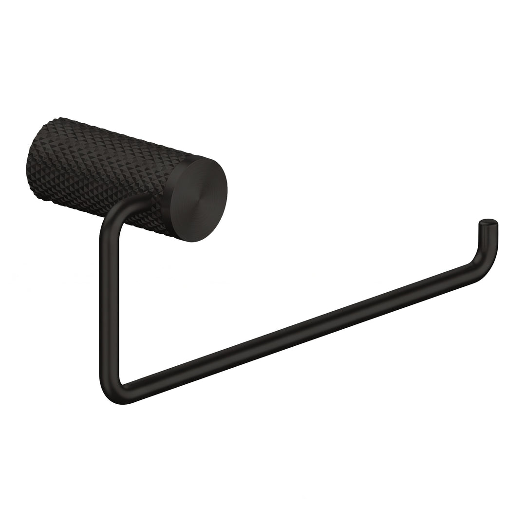 A modern wall-mounted matte black towel holder ring with a textured cylindrical roll holder and a long horizontal arm, shown against a plain white background.