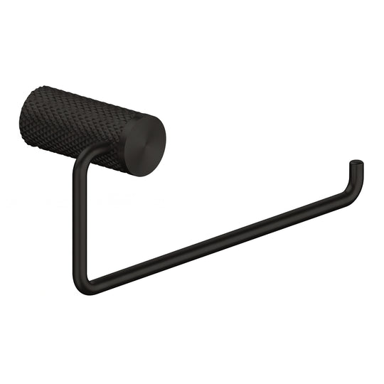 A modern wall-mounted matte black towel holder ring with a textured cylindrical roll holder and a long horizontal arm, shown against a plain white background.