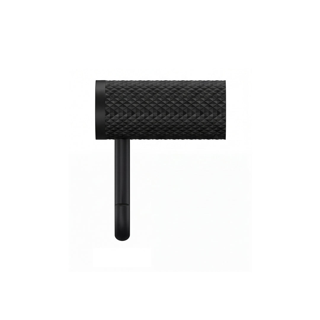 A modern wall-mounted matte black towel holder ring with a textured cylindrical roll holder and a long horizontal arm, shown in a side view profile against a plain white background.