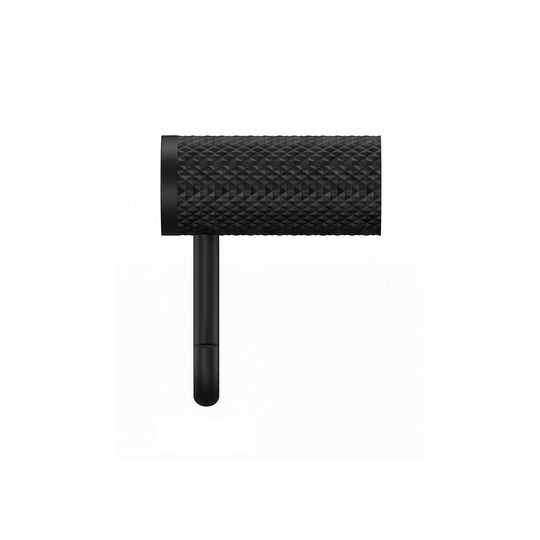 A modern wall-mounted matte black towel holder ring with a textured cylindrical roll holder and a long horizontal arm, shown in a side view profile against a plain white background.