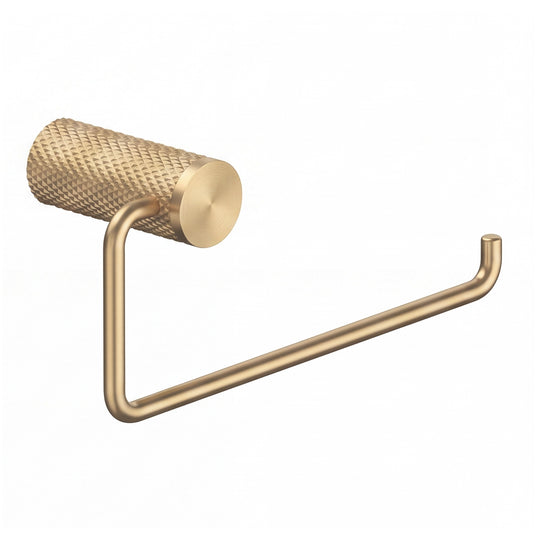 A modern wall-mounted brushed gold towel holder ring with a textured cylindrical roll holder and a long horizontal arm, shown against a plain white background.