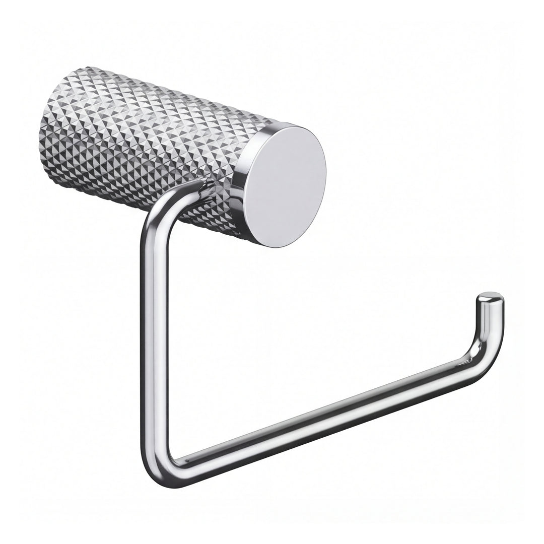 A modern wall-mounted polished chrome toilet paper holder with a textured cylindrical roll holder and a U-shaped support arm, shown against a plain white background.