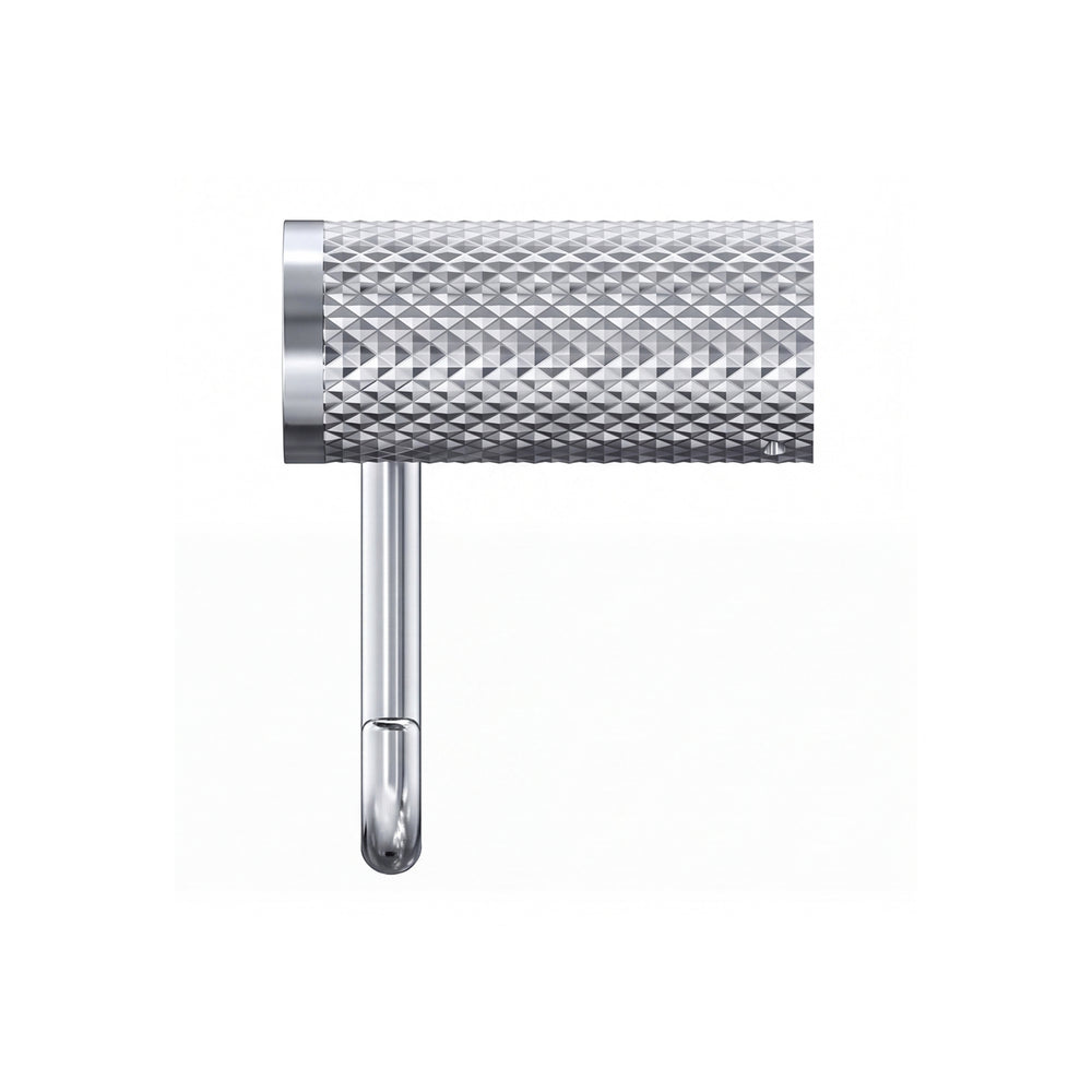 A modern wall-mounted polished chrome toilet paper holder with a textured cylindrical roll holder and a U-shaped support arm, shown in a side view profile against a plain white background.