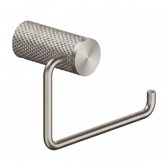 A modern wall-mounted brushed nickel toilet paper holder with a textured cylindrical roll holder and a U-shaped support arm, shown against a plain white background.