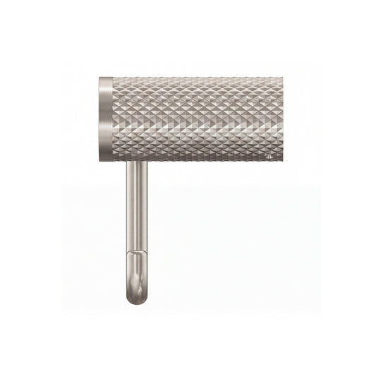 A modern wall-mounted brushed nickel toilet paper holder with a textured cylindrical roll holder and a U-shaped support arm, shown in a side view profile against a plain white background.