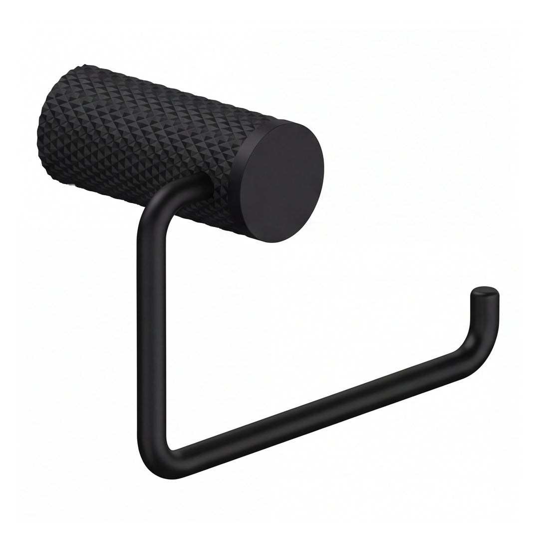 A modern wall-mounted matte black toilet paper holder with a textured cylindrical roll holder and a U-shaped support arm, shown against a plain white background.