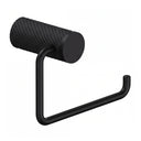 A modern wall-mounted matte black toilet paper holder with a textured cylindrical roll holder and a U-shaped support arm, shown against a plain white background.