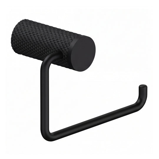 A modern wall-mounted matte black toilet paper holder with a textured cylindrical roll holder and a U-shaped support arm, shown against a plain white background.