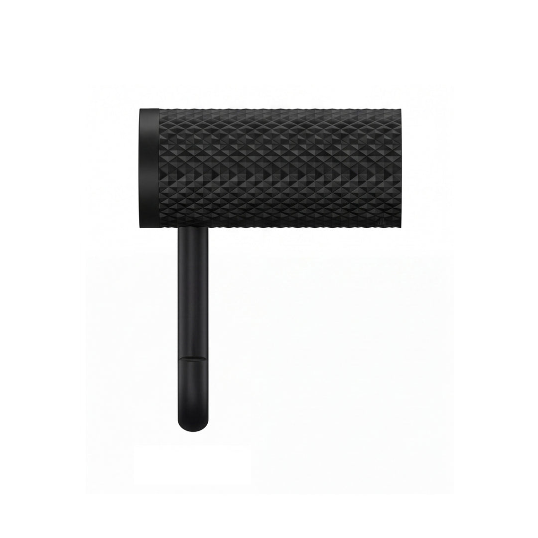 A modern wall-mounted matte black toilet paper holder with a textured cylindrical roll holder and a U-shaped support arm, shown in a side view profile against a plain white background.