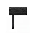 A modern wall-mounted matte black toilet paper holder with a textured cylindrical roll holder and a U-shaped support arm, shown in a side view profile against a plain white background.