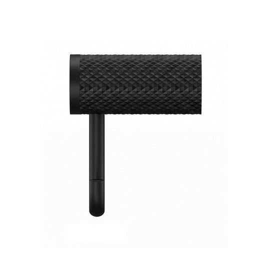 A modern wall-mounted matte black toilet paper holder with a textured cylindrical roll holder and a U-shaped support arm, shown in a side view profile against a plain white background.