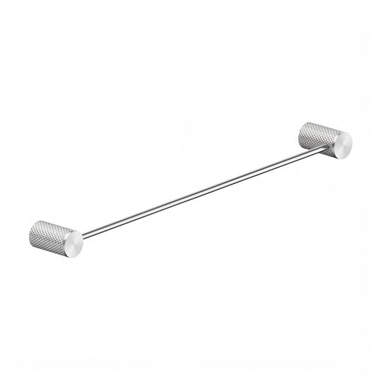 A modern polished chrome towel bar with knurled cylindrical end caps, shown diagonally on a plain white background.