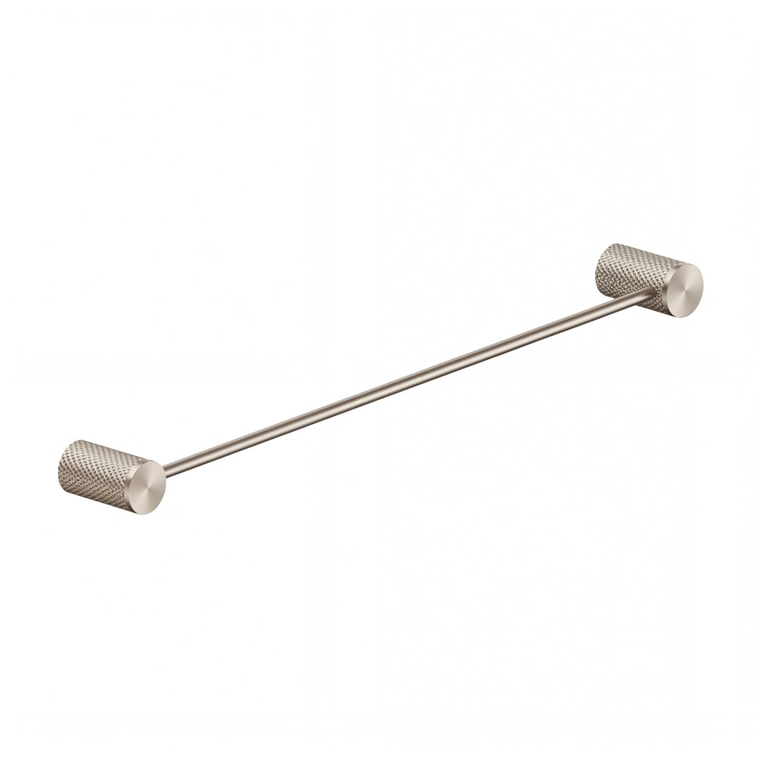 A modern brushed nickel towel bar with knurled cylindrical end caps, shown diagonally on a plain white background.