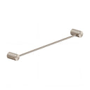 A modern brushed nickel towel bar with knurled cylindrical end caps, shown diagonally on a plain white background.