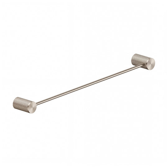 A modern brushed nickel towel bar with knurled cylindrical end caps, shown diagonally on a plain white background.