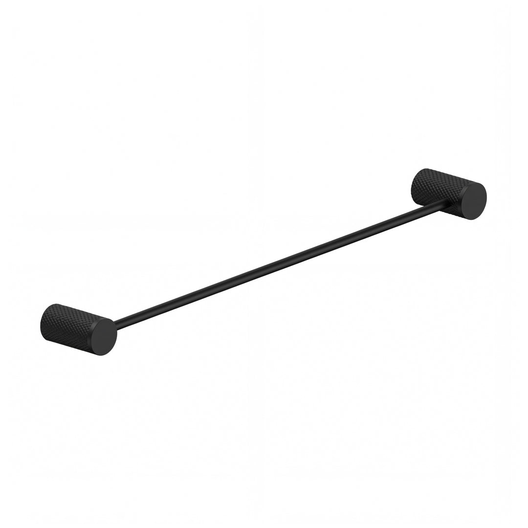 A modern matte black towel bar with knurled cylindrical end caps, shown diagonally on a plain white background.
