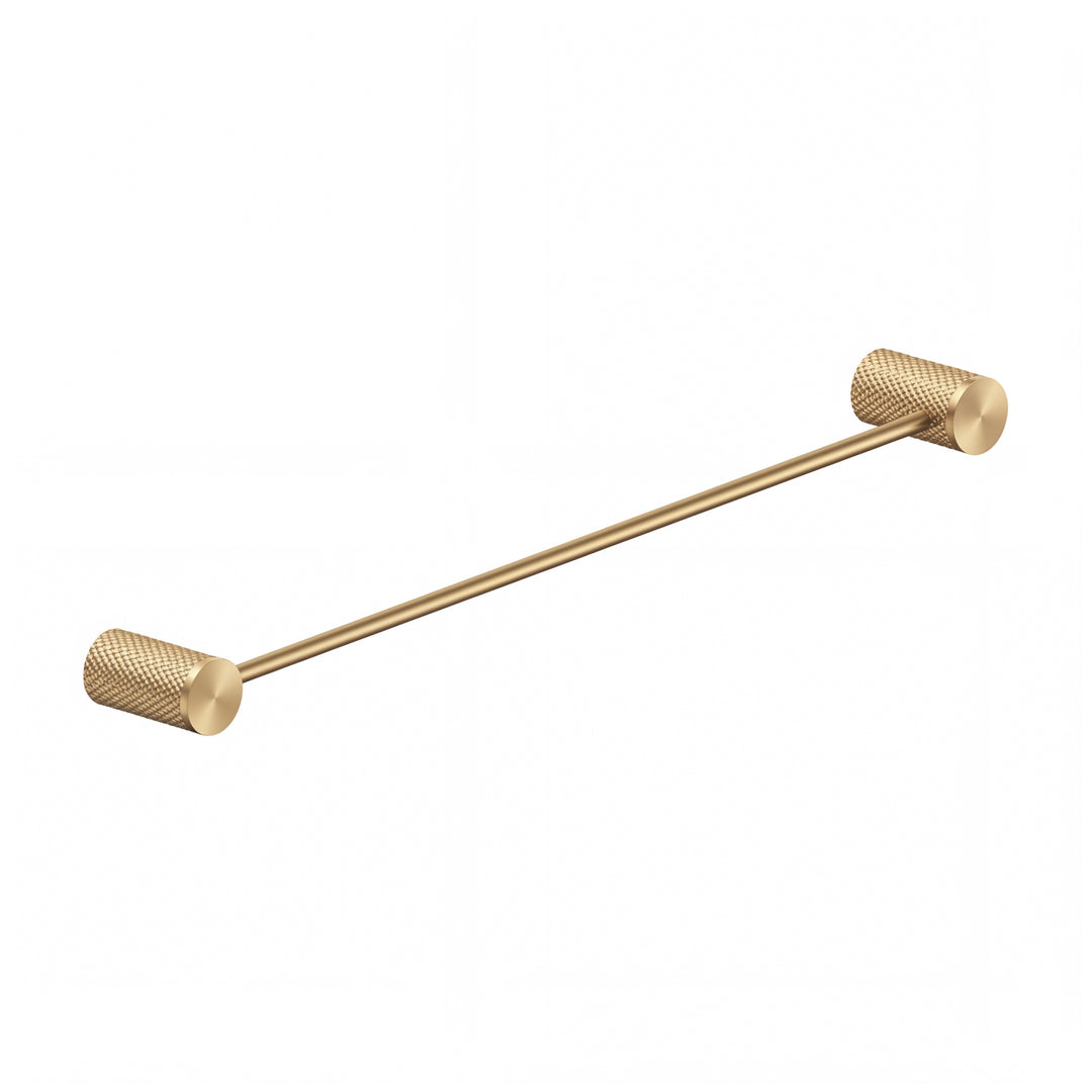 A modern brushed gold towel bar with knurled cylindrical end caps, shown diagonally on a plain white background.