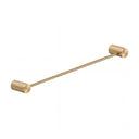 A modern brushed gold towel bar with knurled cylindrical end caps, shown diagonally on a plain white background.