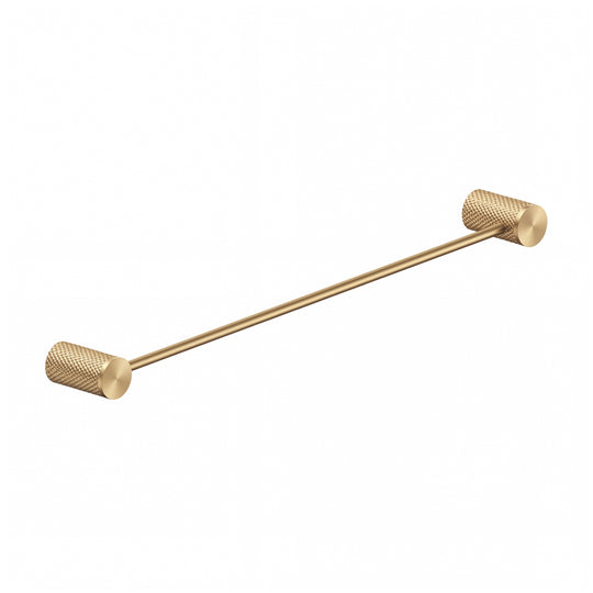 A modern brushed gold towel bar with knurled cylindrical end caps, shown diagonally on a plain white background.