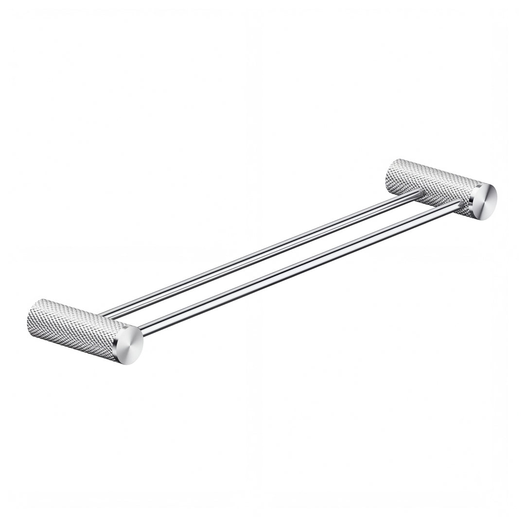 Modern cylindrical shaped wall-mounted 24-inch double towel bar in polished chrome finish shown against a plain white background.