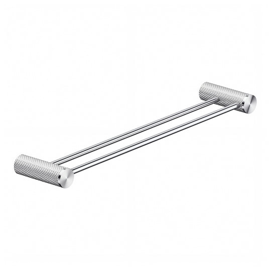 Modern cylindrical shaped wall-mounted 24-inch double towel bar in polished chrome finish shown against a plain white background.