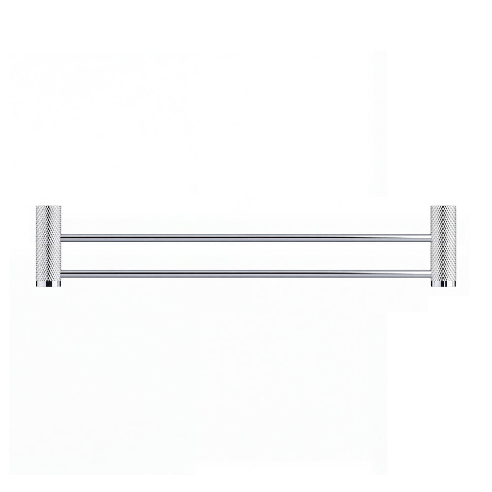 A modern wall-mounted double towel bar in polished chrome with textured cylindrical wall mounts on either end, shown against a plain white background.