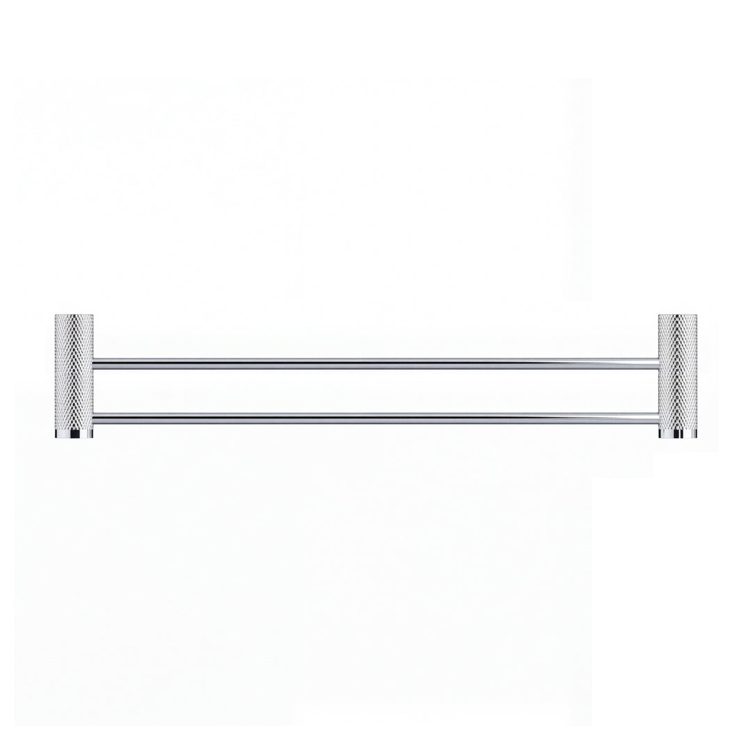 A modern wall-mounted double towel bar in polished chrome with textured cylindrical wall mounts on either end, shown against a plain white background.