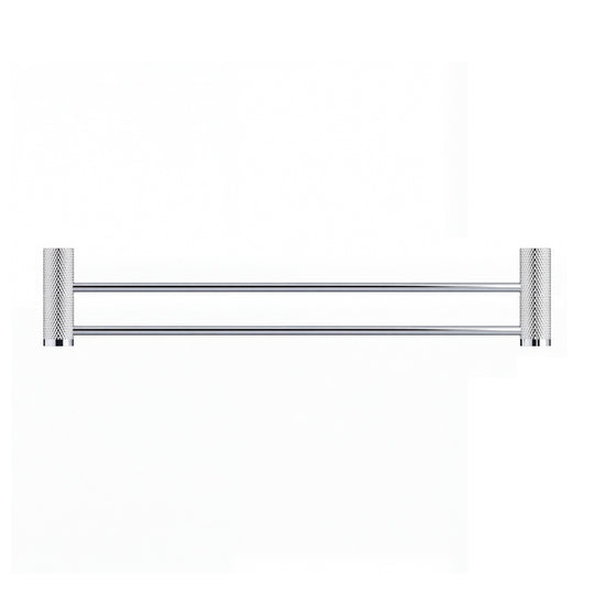 A modern wall-mounted double towel bar in polished chrome with textured cylindrical wall mounts on either end, shown against a plain white background.