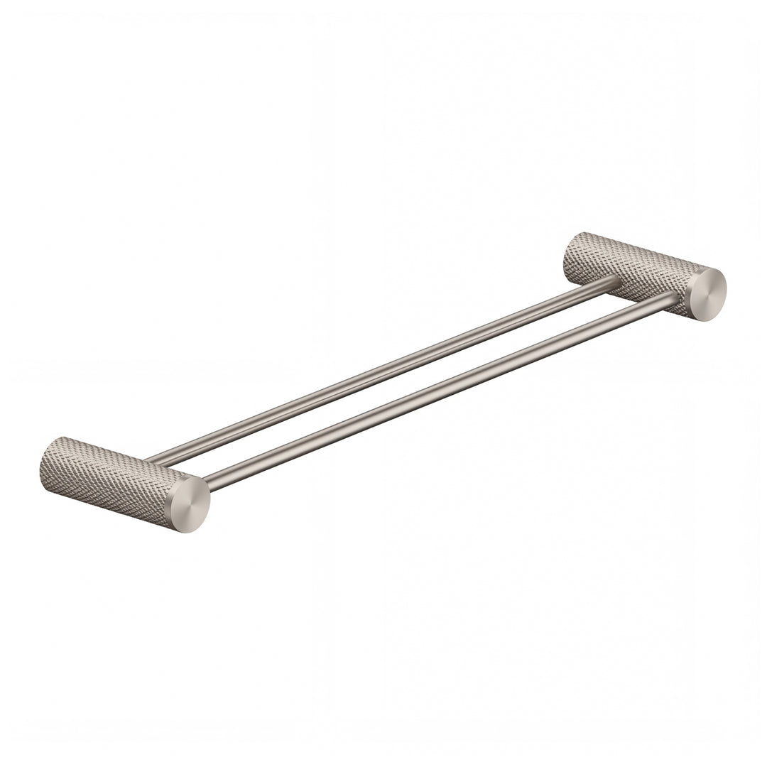 A modern wall-mounted double towel bar in brushed nickel with textured cylindrical wall mounts on either end, shown against a plain white background.
