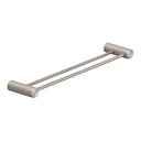 A modern wall-mounted double towel bar in brushed nickel with textured cylindrical wall mounts on either end, shown against a plain white background.