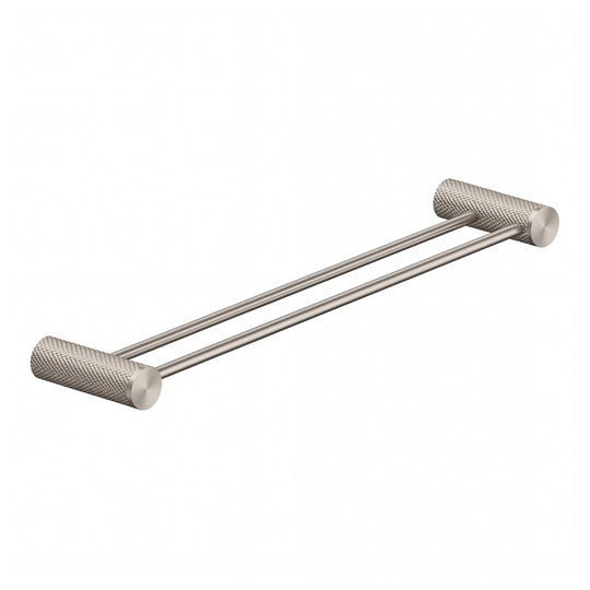 A modern wall-mounted double towel bar in brushed nickel with textured cylindrical wall mounts on either end, shown against a plain white background.